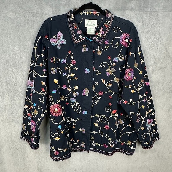 Quacker Factory Jackets & Blazers - Quacker Factory Blazer Womens 2X Black Sequin Flower Butterfly Embroidered Boho